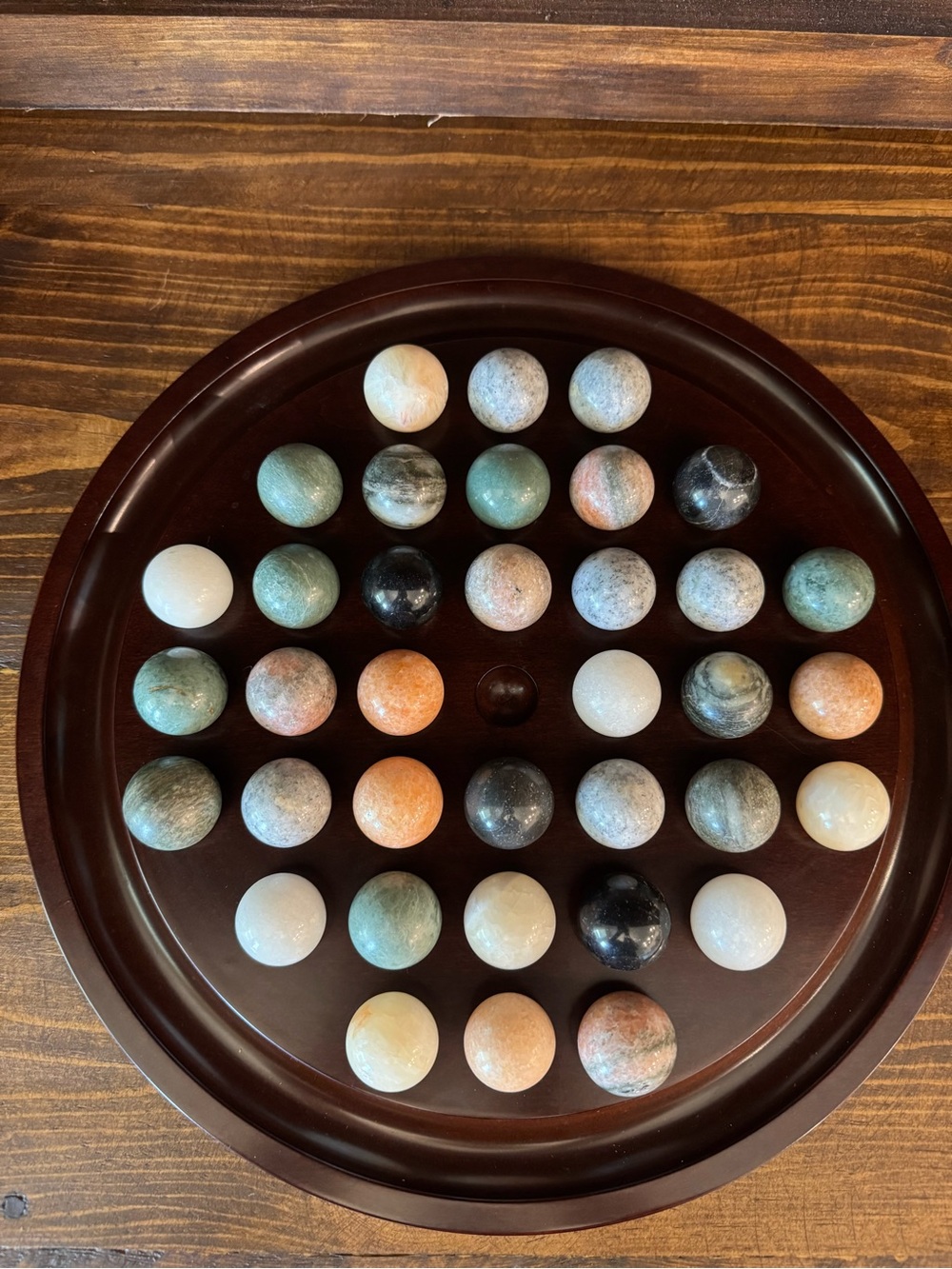 Vintage Bombay Co Marble Solitaire Set Stone Marbles on Rosewood Board